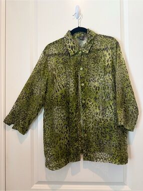 Burnout Sheer Olive Green Animal-Print Button-Up Shirt Jacket - Size 1X